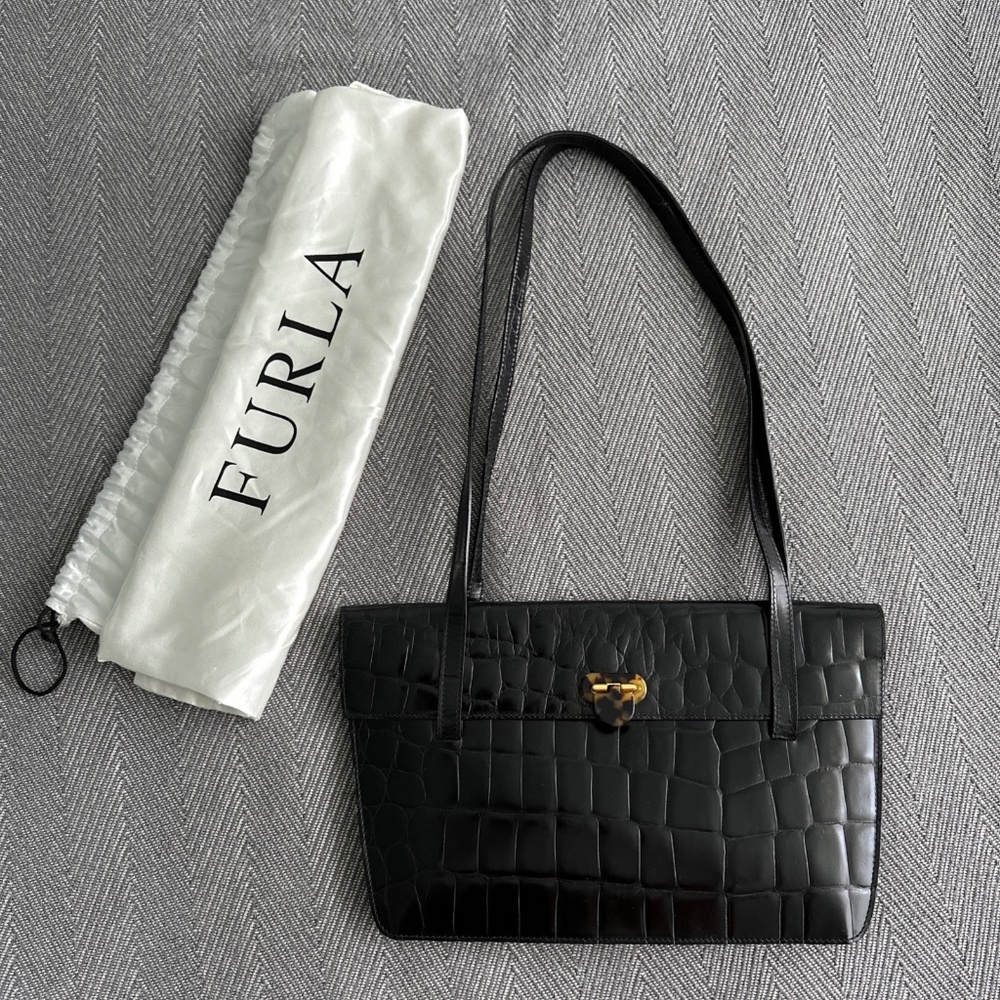 Furla Crocodile Embossed Black Leather Handbag Purse Shoulder Bag Tortoise Italy